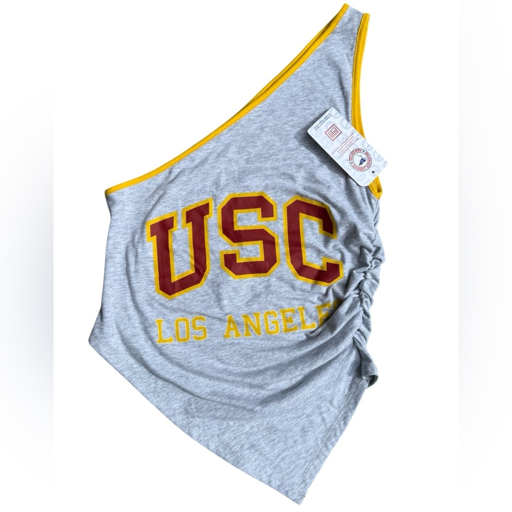 NWT! USC Trojans Game Day One-Shoulder Cotton Tee Tank Ruched side Top Size L
